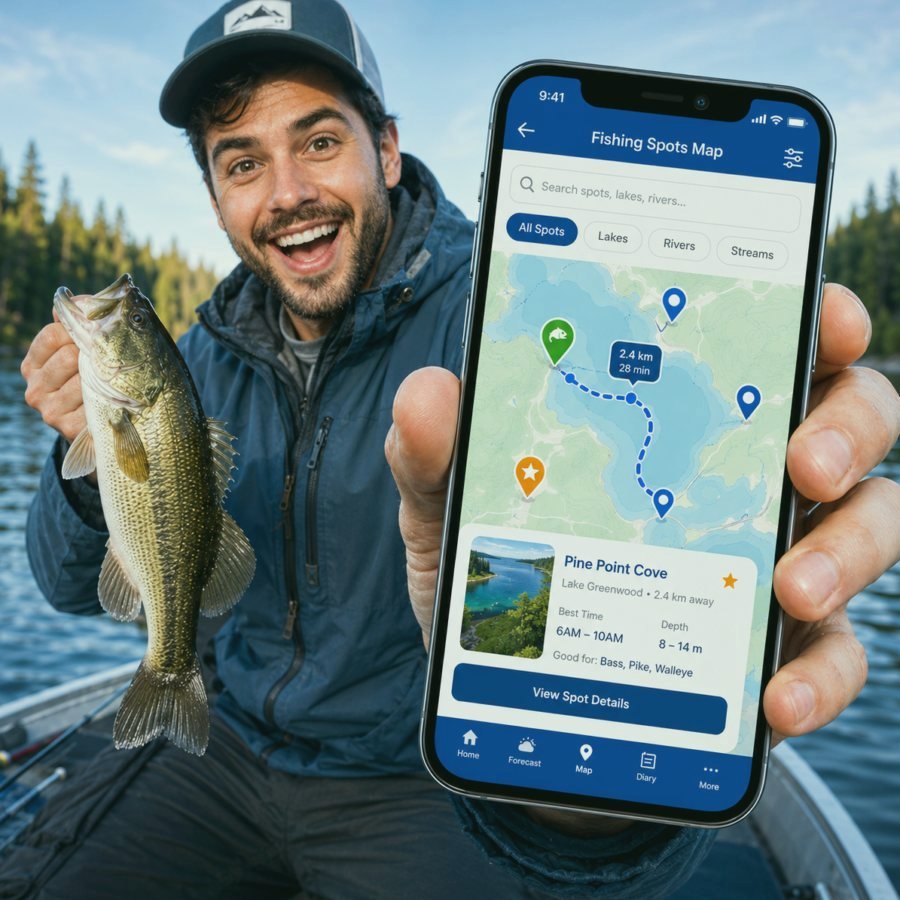 Fishing Assistant app screen with forecast and map