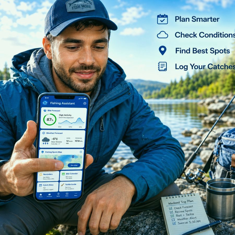 Fishing map screen with saved spots